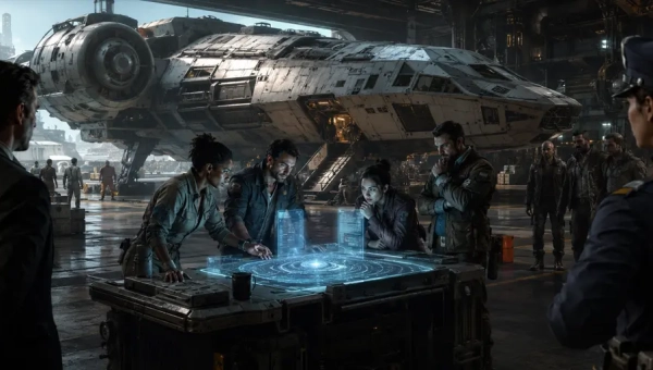 Traveller-style starship crew reviewing a holographic route map and debt contract at a starport while three rival factions create campaign pressure around them.