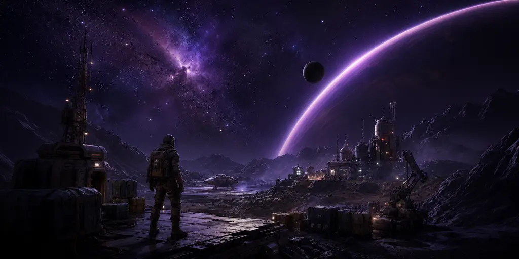 Cosmic Drifter banner showing a lone Traveller-inspired sci-fi drifter arriving at a remote mining colony in search of work and adventure.