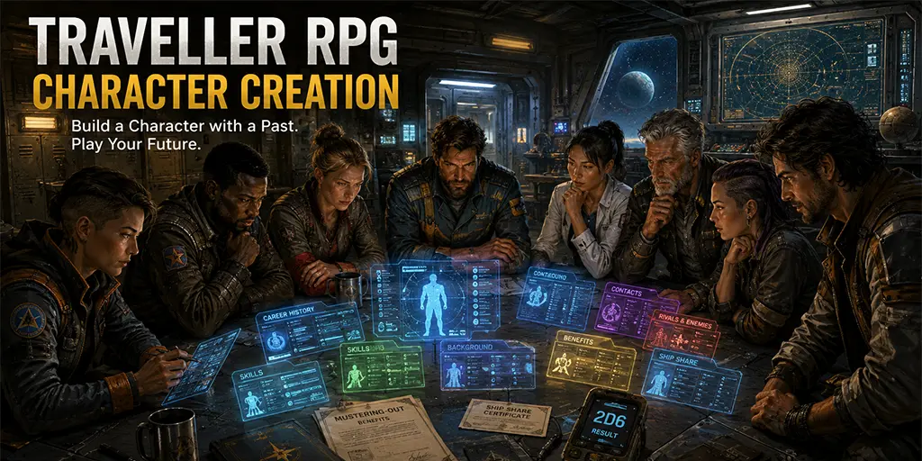 Learn Traveller RPG character creation, including characteristics, careers, background skills, lifepath events, benefits, contacts, injuries, and starting gear.