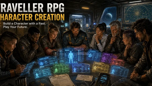 Learn Traveller RPG character creation, including characteristics, careers, background skills, lifepath events, benefits, contacts, injuries, and starting gear.