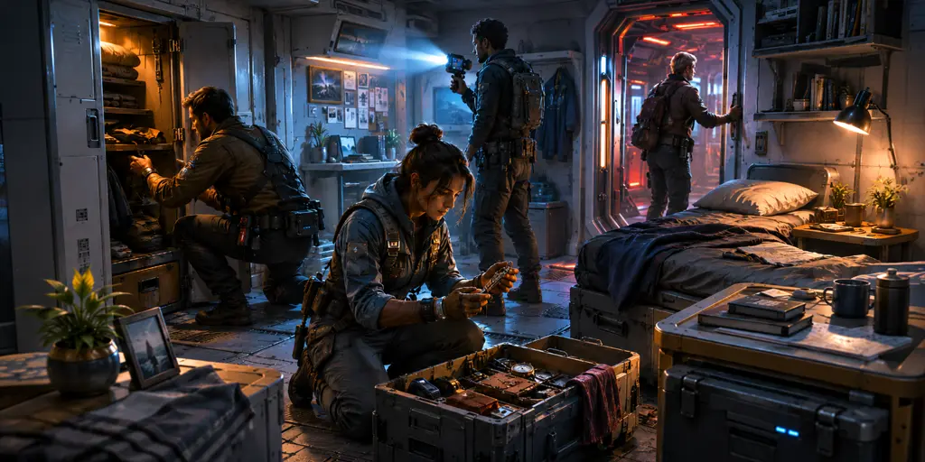 Sci-fi RPG crew searching an abandoned starship stateroom for random loot, clues, and referee complications.