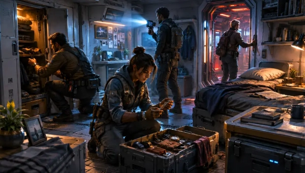 Sci-fi RPG crew searching an abandoned starship stateroom for random loot, clues, and referee complications.