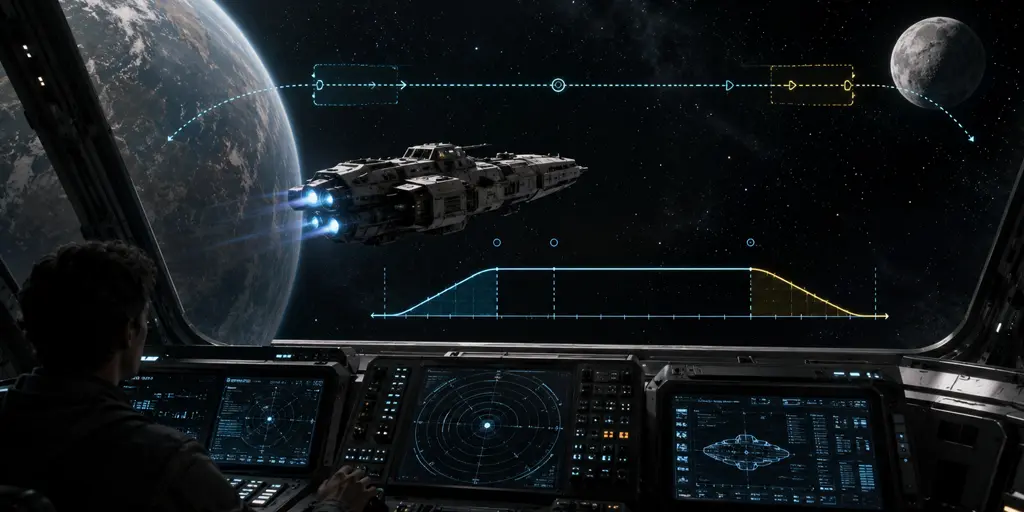 Starship cockpit view of a Traveller-style ship calculating space travel time between a planet and moon using route lines and acceleration curves.