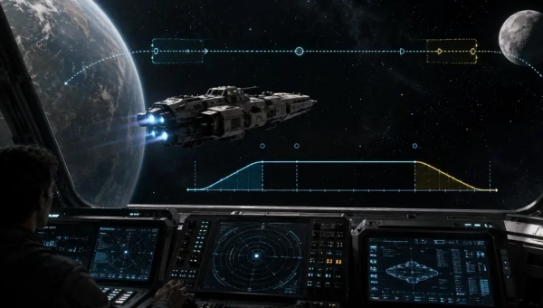 Starship cockpit view of a Traveller-style ship calculating space travel time between a planet and moon using route lines and acceleration curves.