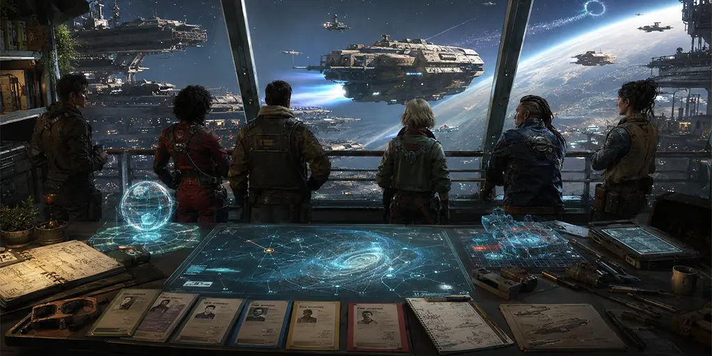 Starship crew on an orbital starport observation deck reviewing holographic maps, career records, ship plans, and trade notes as a merchant ship departs toward a planet.