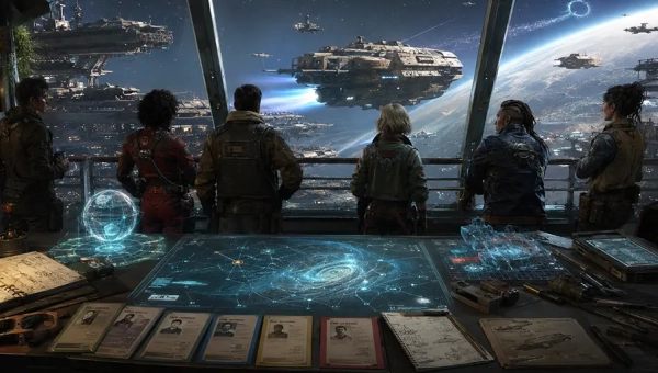 Starship crew on an orbital starport observation deck reviewing holographic maps, career records, ship plans, and trade notes as a merchant ship departs toward a planet.