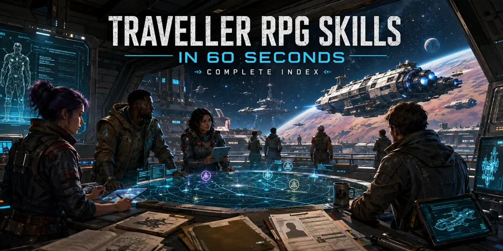 Diverse Traveller RPG crew studying holographic skill displays, character sheets, starship plans, and a tactical map inside a futuristic starport lounge.