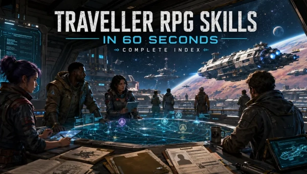 Diverse Traveller RPG crew studying holographic skill displays, character sheets, starship plans, and a tactical map inside a futuristic starport lounge.