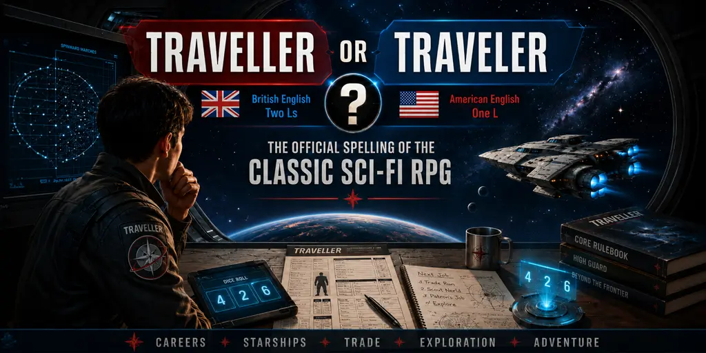 Sci-fi banner comparing Traveller with two Ls and Traveler with one L, showing a referee desk, character sheet, starship, dice app, and classic science fiction RPG themes.