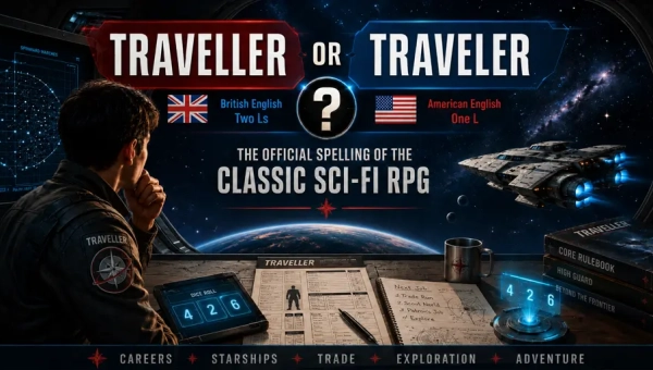 Sci-fi banner comparing Traveller with two Ls and Traveler with one L, showing a referee desk, character sheet, starship, dice app, and classic science fiction RPG themes.