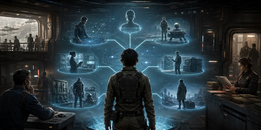 Traveller RPG character considering different careers during lifepath character creation, with sci-fi career paths like scout, merchant, scholar, marine, navy, and drifter shown in a starport setting.