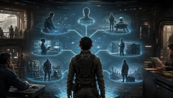 Traveller RPG character considering different careers during lifepath character creation, with sci-fi career paths like scout, merchant, scholar, marine, navy, and drifter shown in a starport setting.
