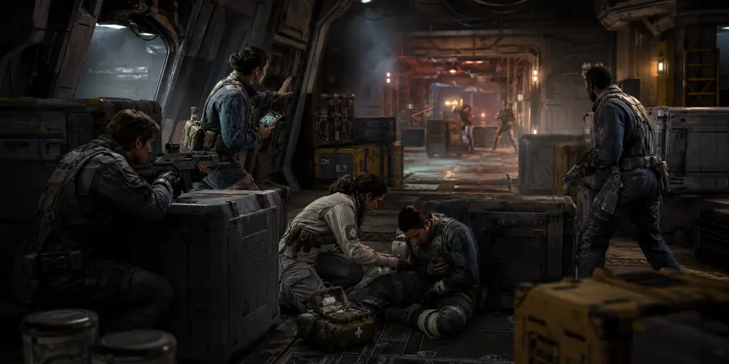 Traveller RPG crew using cover, teamwork, combat skills, and medical support during a tense sci-fi firefight in a cargo bay.