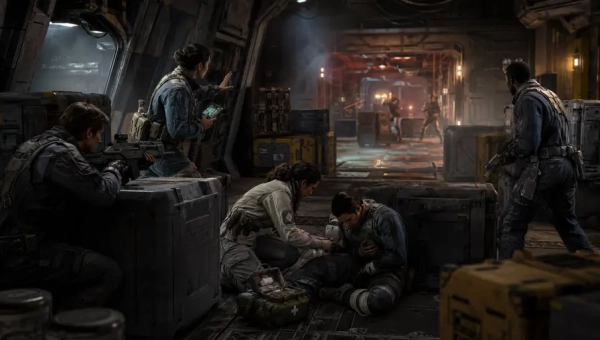Traveller RPG crew using cover, teamwork, combat skills, and medical support during a tense sci-fi firefight in a cargo bay.