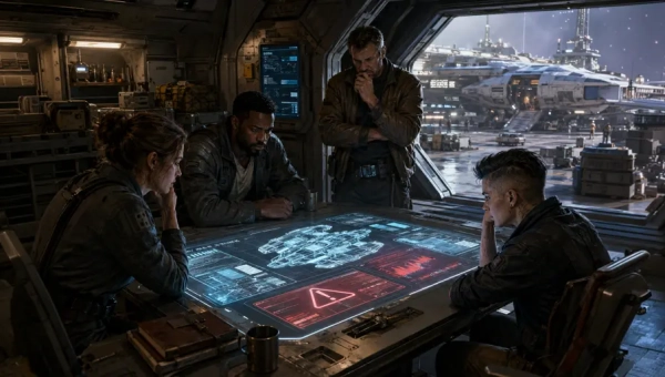 Traveller ship mortgage calculator banner showing a starship crew reviewing debt, expenses, and campaign pressure in a busy docking bay.