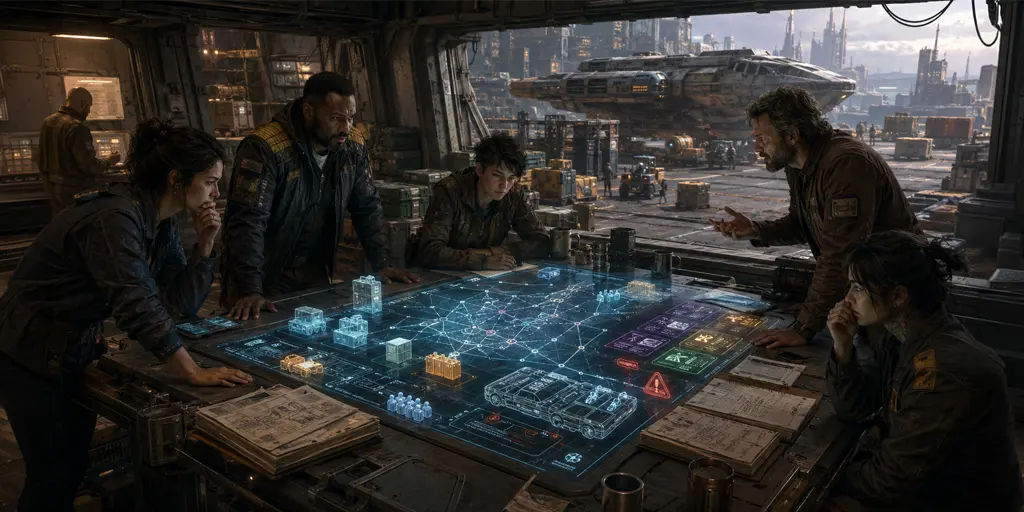 Traveller merchant crew reviewing cargo contracts, trade routes, ship debt, and starport freight options for a trade and commerce campaign.