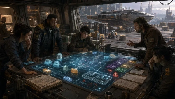 Traveller merchant crew reviewing cargo contracts, trade routes, ship debt, and starport freight options for a trade and commerce campaign.