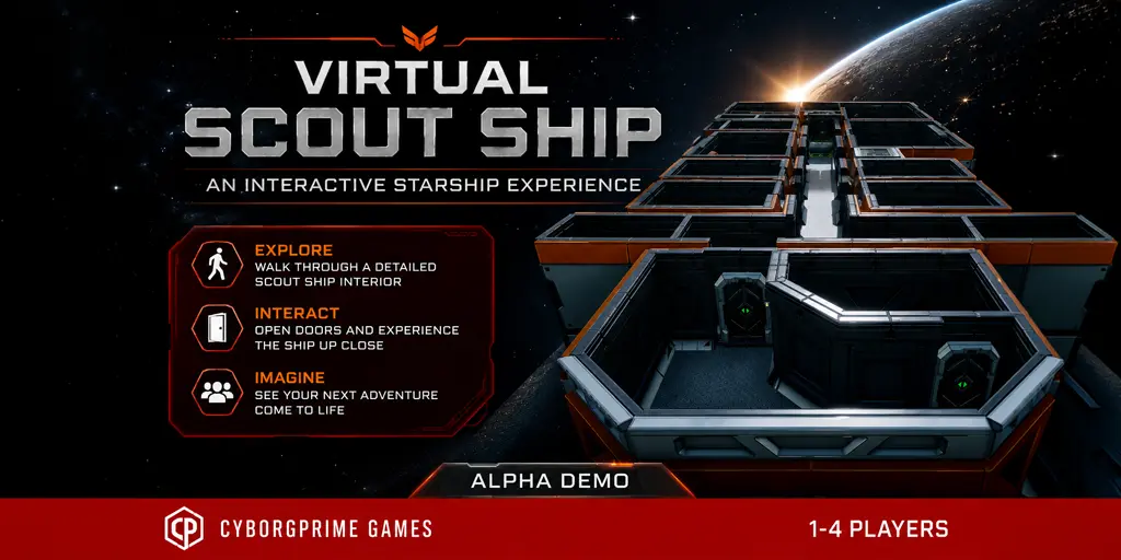 Virtual Scout Ship banner showing a 3D Traveller-style starship interior for an interactive starship walkthrough.