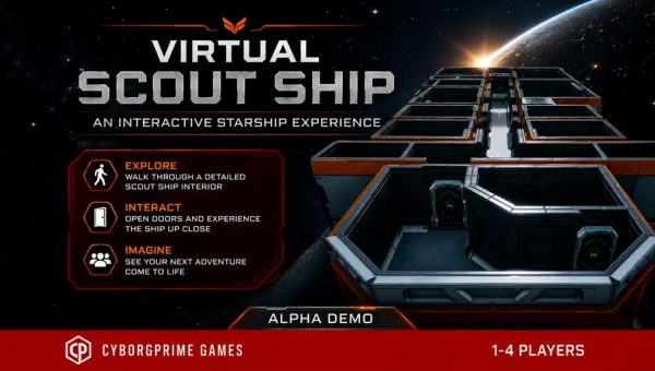 Virtual Scout Ship banner showing a 3D Traveller-style starship interior for an interactive starship walkthrough.