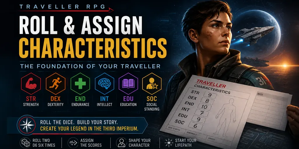 Sci-fi Traveller RPG banner showing a young spacefarer with a character sheet, futuristic stat icons for STR, DEX, END, INT, EDU, and SOC, and a starship in the background.