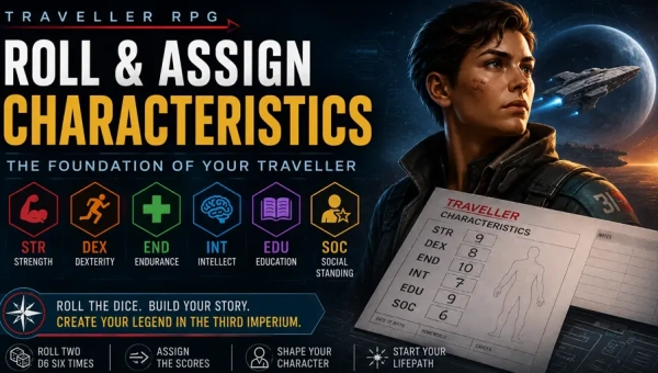 Sci-fi Traveller RPG banner showing a young spacefarer with a character sheet, futuristic stat icons for STR, DEX, END, INT, EDU, and SOC, and a starship in the background.
