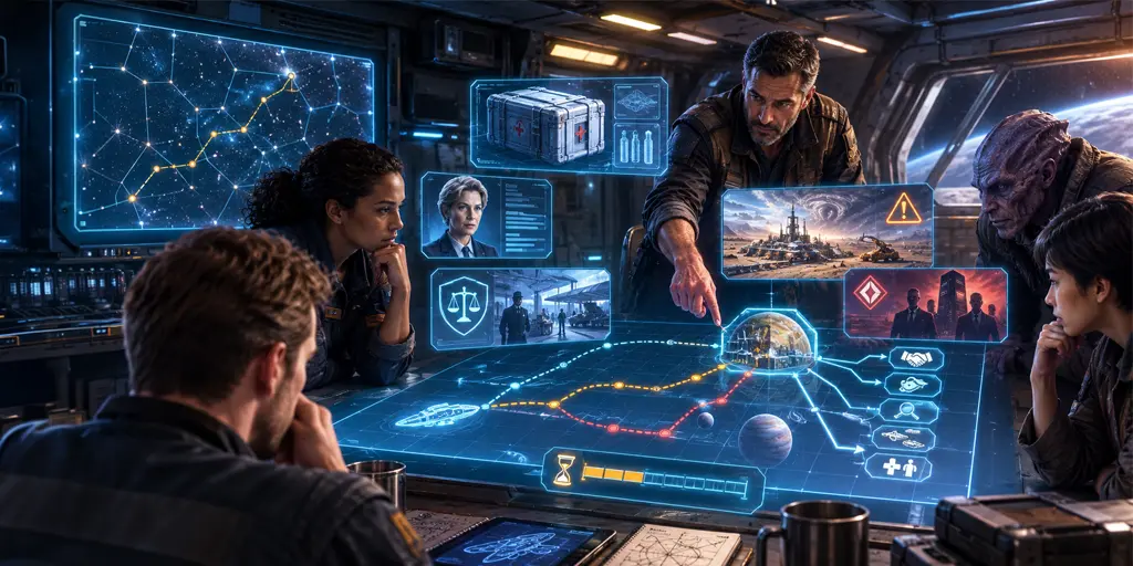 Traveller referee and starship crew planning a branching mission involving medical cargo, a remote colony, customs restrictions, a rival faction, and an approaching deadline.