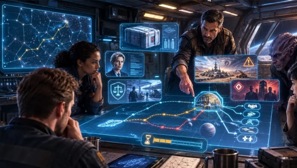 Traveller referee and starship crew planning a branching mission involving medical cargo, a remote colony, customs restrictions, a rival faction, and an approaching deadline.