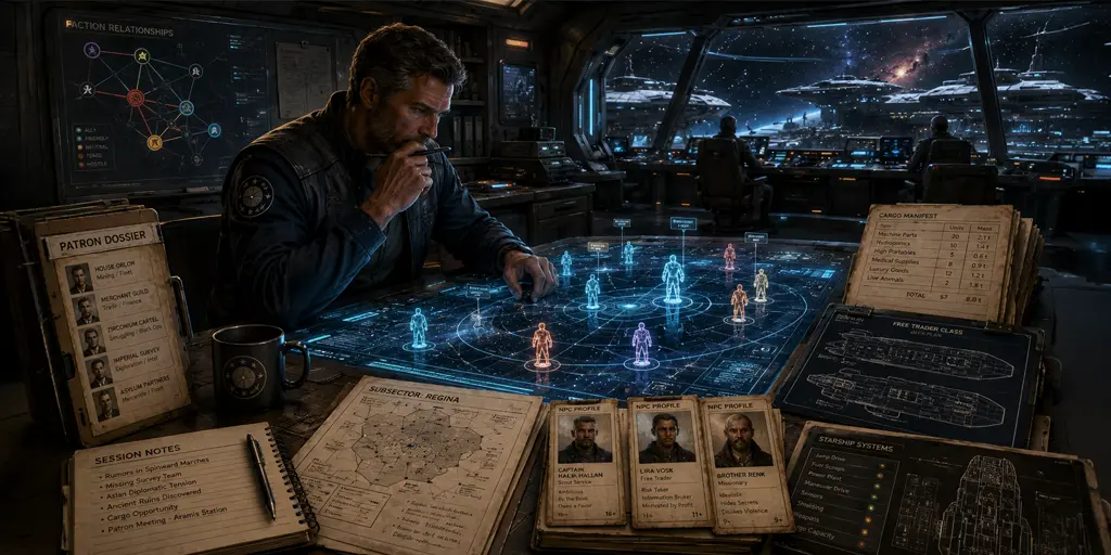 Traveller RPG referee preparing a science-fiction campaign with holographic subsector maps, patron dossiers, NPC profiles, cargo manifests, and starship mission planning tools.