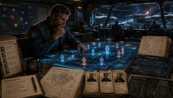 Traveller RPG referee preparing a science-fiction campaign with holographic subsector maps, patron dossiers, NPC profiles, cargo manifests, and starship mission planning tools.
