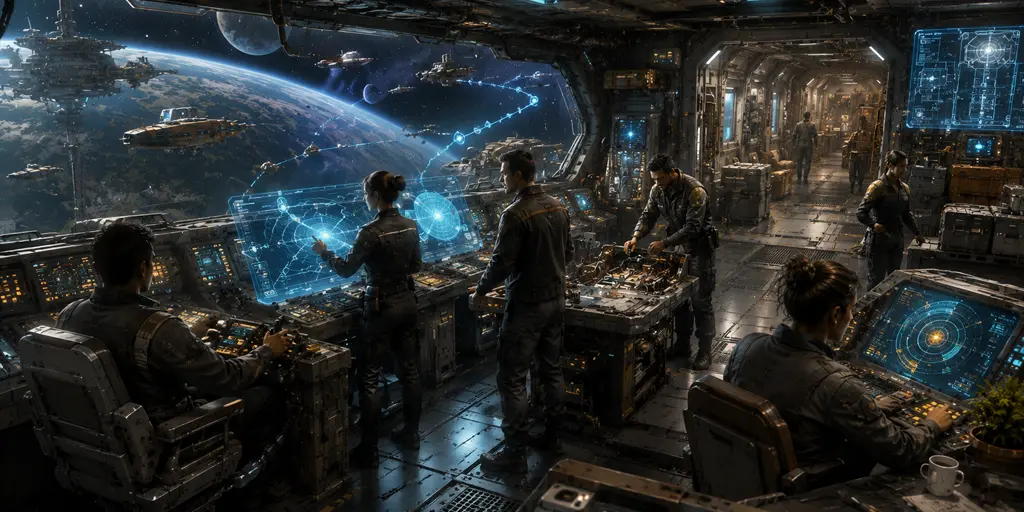 Traveller starship crew operating a civilian merchant vessel with pilot, astrogator, engineer, sensor operator, cargo systems, and a holographic jump route.