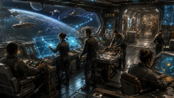 Traveller starship crew operating a civilian merchant vessel with pilot, astrogator, engineer, sensor operator, cargo systems, and a holographic jump route.