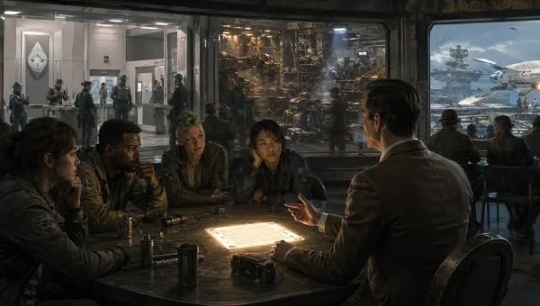 Traveller crew weighing a patron’s contract while several possible mission outcomes unfold behind them.