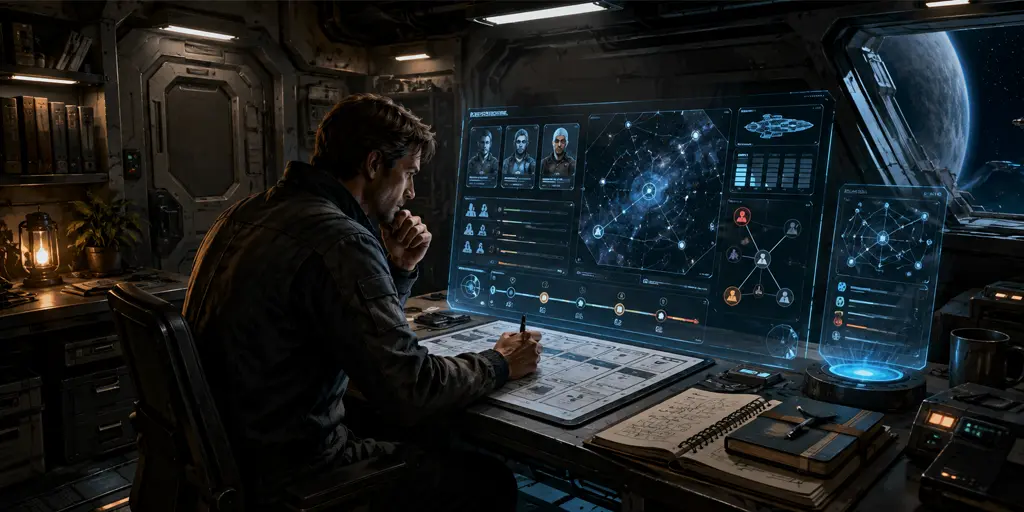 Traveller referee organizing NPCs, faction pressures, mission notes, and a starship situation for a thirty-minute session-prep workflow.