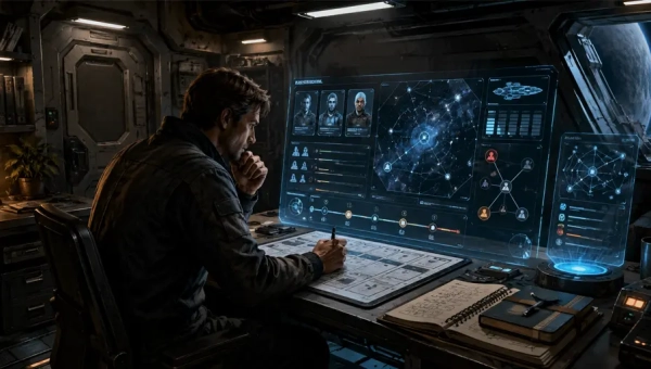 Traveller referee organizing NPCs, faction pressures, mission notes, and a starship situation for a thirty-minute session-prep workflow.