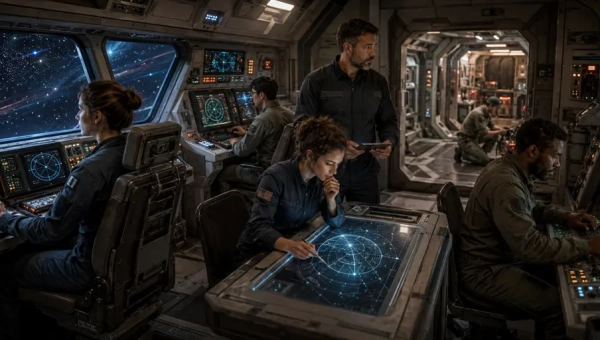 Traveller starship crew coordinating piloting, astrogation, sensors, engineering, command, and emergency duties.