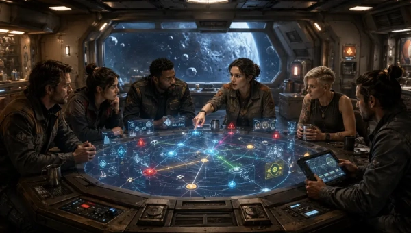 Traveller starship crew choosing between routes, contracts, and opportunities on a holographic subsector display.