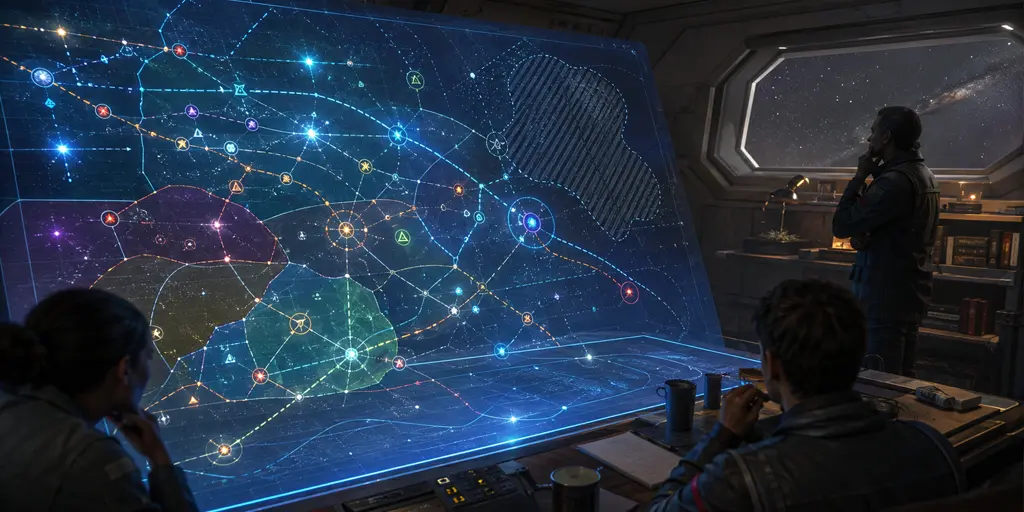 Holographic Traveller subsector map showing connected worlds, trade routes, faction boundaries, and an unexplored frontier above a referee planning table.