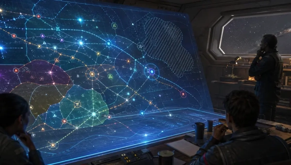 Holographic Traveller subsector map showing connected worlds, trade routes, faction boundaries, and an unexplored frontier above a referee planning table.