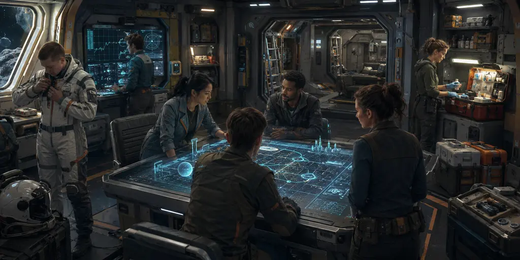 Traveller starship crew preparing for a mission with route maps, equipment, medical supplies, and crew assignments.