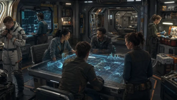 Traveller starship crew preparing for a mission with route maps, equipment, medical supplies, and crew assignments.