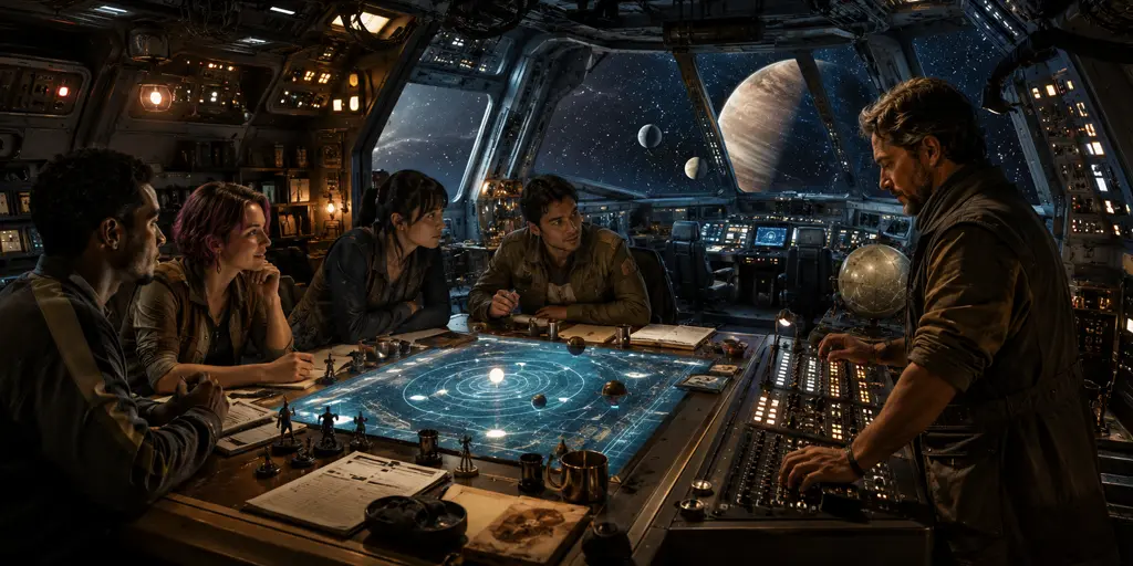 Sci-fi RPG group using ambient music during a starship gaming session.