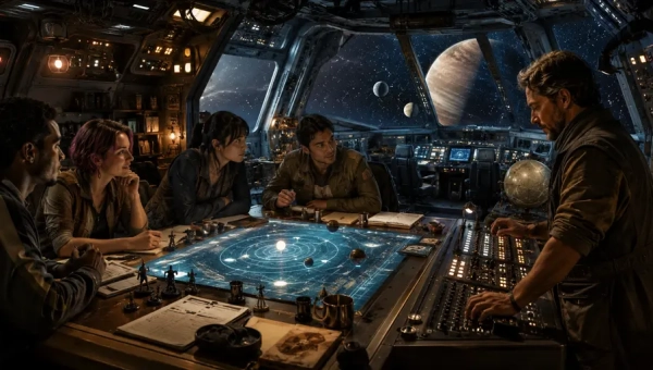Sci-fi RPG group using ambient music during a starship gaming session.