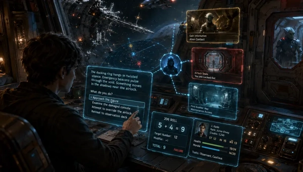 Solo science-fiction RPG player making a decision as an AI game master unfolds a responsive text adventure