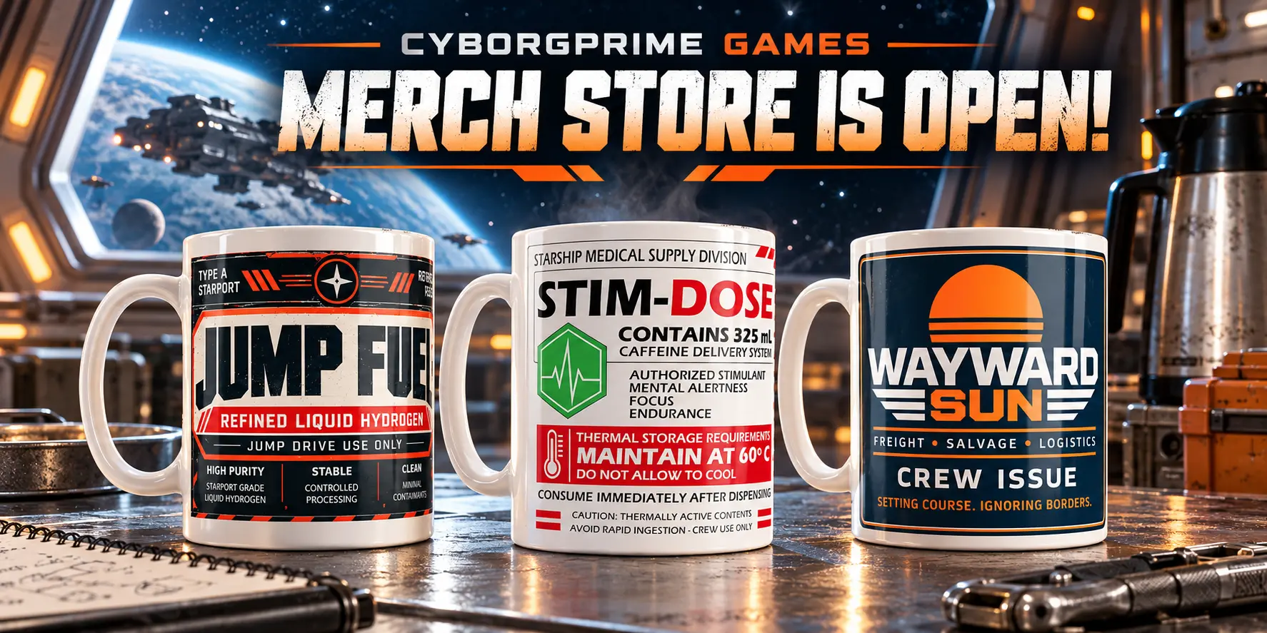 CyborgPrime Games merch store launch banner featuring three original sci-fi coffee mugs: JUMP FUEL, STIM DOSE, and Wayward Sun Crew Issue, displayed in a futuristic starship galley overlooking a planet and spacecraft.