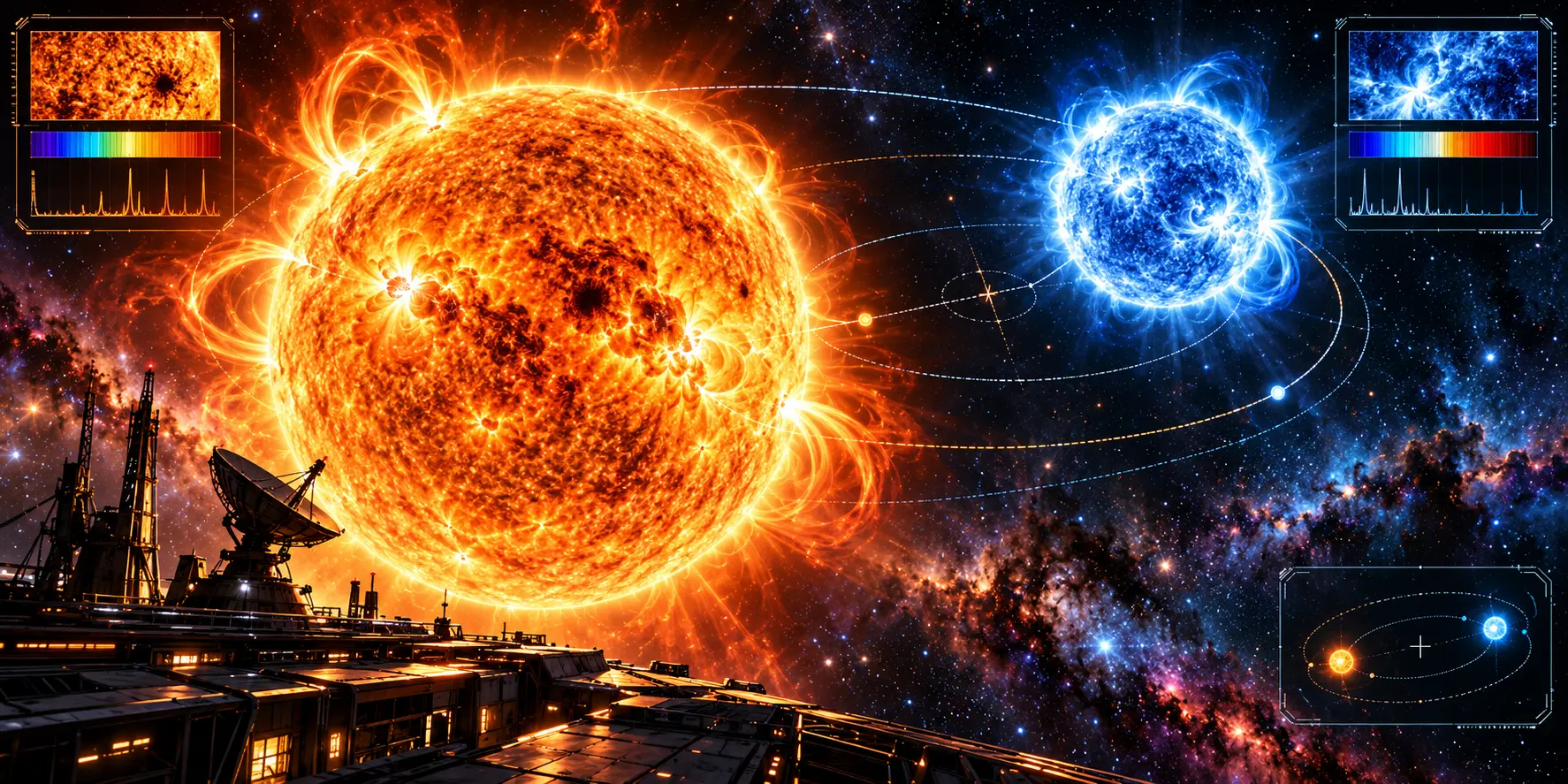 A cinematic visualization of a binary star system featuring a massive orange star and a smaller blue-white companion, with stellar analysis displays and a futuristic space observatory.