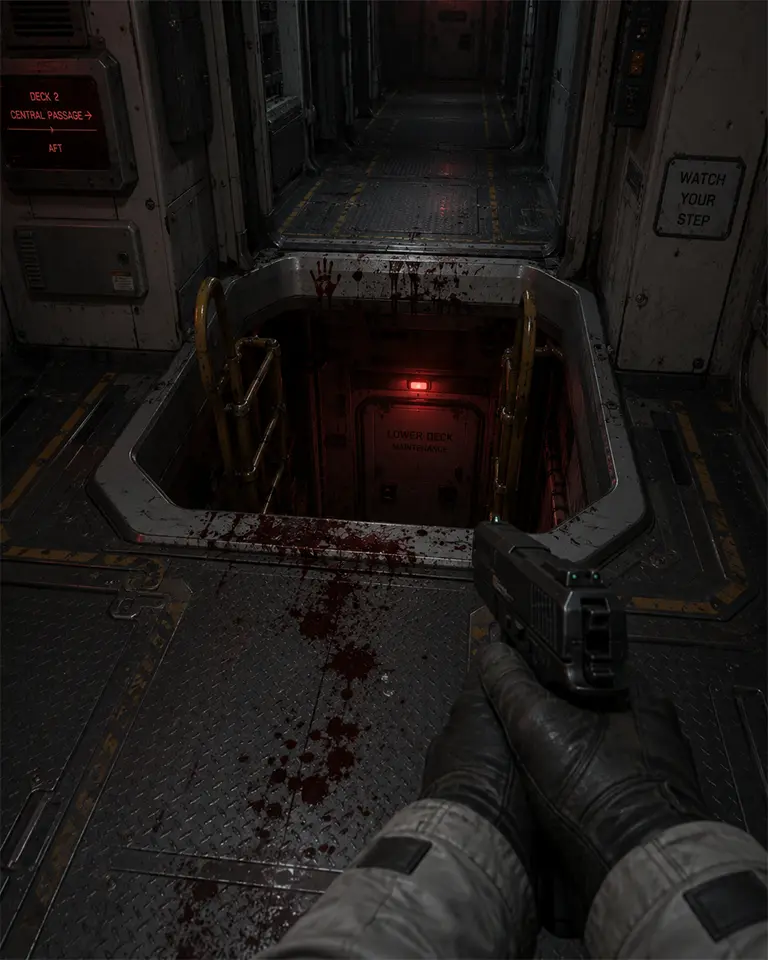 The bloody trail leads down the access shaft.
